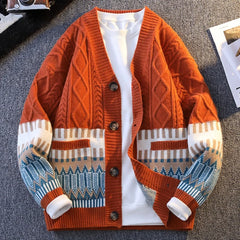 Threebooy  Winter Christmas Jacquard Knitted Cardigans For Man Ethnic Style Button-up V-neck Sweaters Y2K Streetwear Cardigan Knitwear