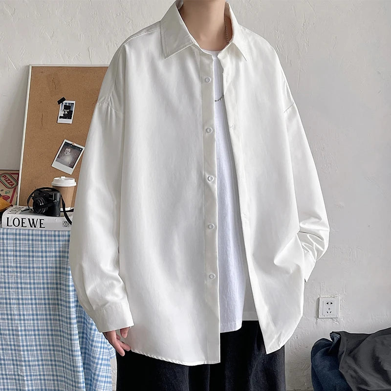 Threebooy Spring Simple Black Long Sleeve Shirts Men Korean Mens Harajuku White Oversized Shirt Male Button Up Shirts Blouses 5XL-M