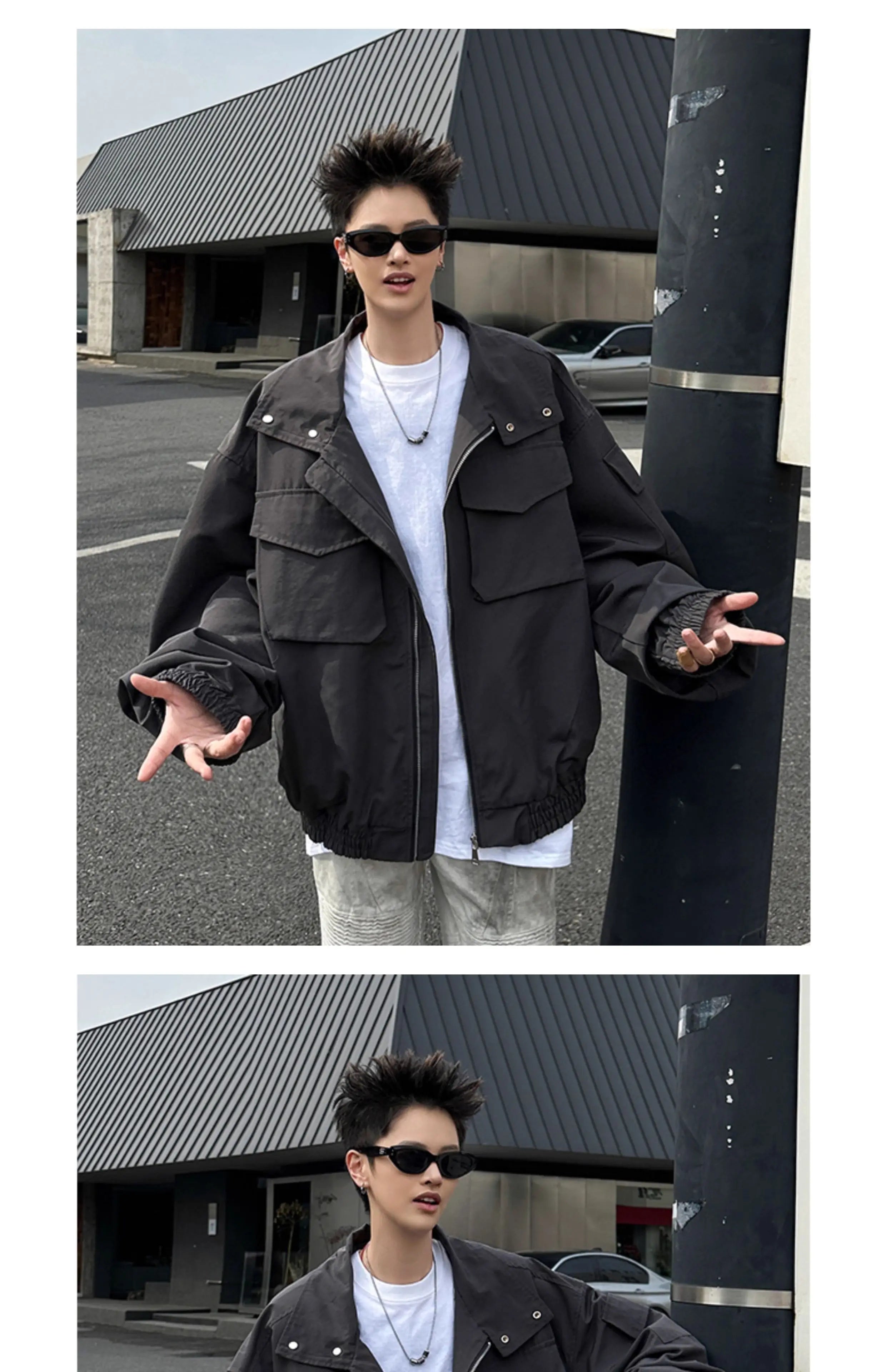 Threebooy Outdoor Work Jacket Men's Spring Autumn American Retro Zipper Coat Silhouette Bomber Handsome High Street Flying Work Jacket
