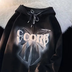 Threebooy Spring Autumn Women's Sweet Cool Bow Hooded Sweatshirt Zipper Couple Loose Fashion Cardigan Coat