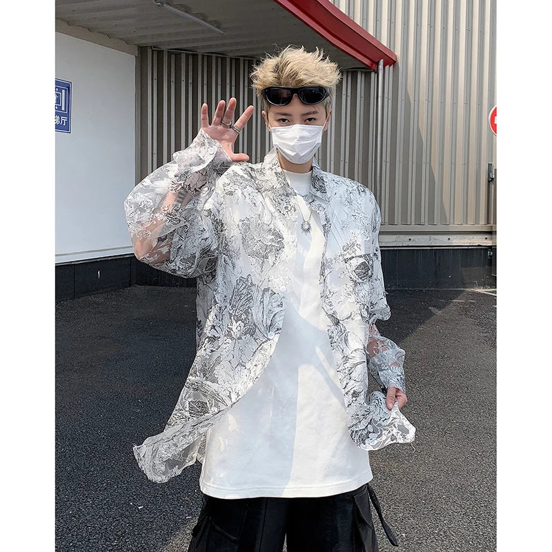 Threebooy Fashion Hollow out Printed Shirt Men Long Sleeve Transparent Casual Loose Tops Streetwear Lapel Tops Sun-proof Clothing
