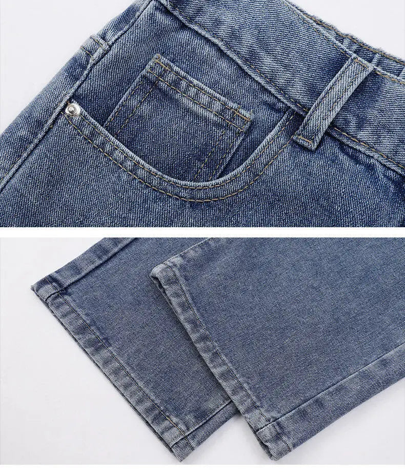 Threebooy 2025 New Korean Men's Casual Long Jeans Classic Man Straight Denim Wide-leg Pants Solid Color Light Blue Grey Black