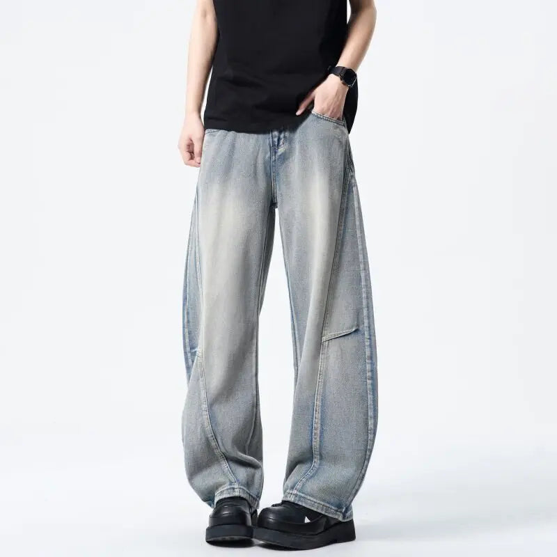 Threebooy Mens Loose Fit Patchwork Wide Leg Washed Jeans Vintage Denim Pants Casual Streetwear Comfort Trendy Baggy Trousers Hip Hop