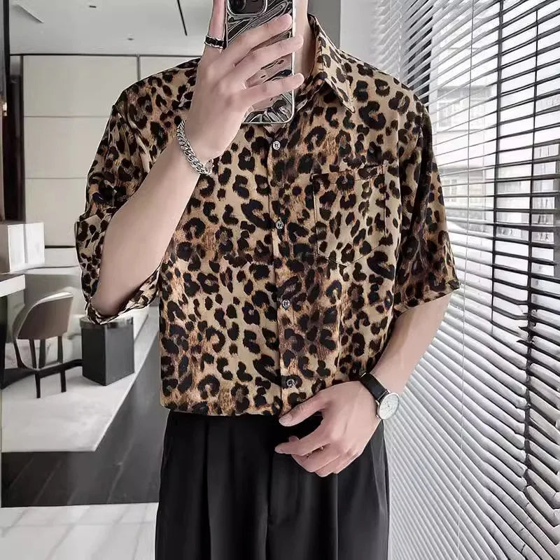 Threebooy New Men's Summer Cool Loose Short Sleeved Top Hawaiian Beach Vacation Leopard Print Flower Shirts For Men