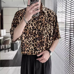 Threebooy New Men's Summer Cool Loose Short Sleeved Top Hawaiian Beach Vacation Leopard Print Flower Shirts For Men