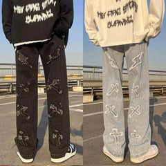 Threebooy High Street American-Style Patch Jeans Men'S Fashion Hip-Hop Trousers With Raw Hem Design Feel Zipper Trousers Men'S Youth