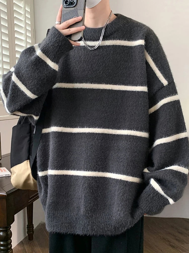 Threebooy  Autumn Striped Knitted Round Neck Sweaters For Man High Street Fashion Pullovers Knitwear Y2K Vintage Long Sleeve Pull Homme