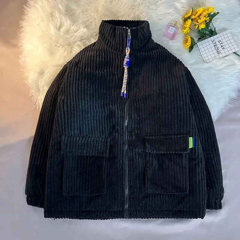 Threebooy Men's Cotton Padded Jacket Winter Corduroy Padded Jackets Female Loose Stand-up Collar Thickened Warm Zipper Solid Color Coats