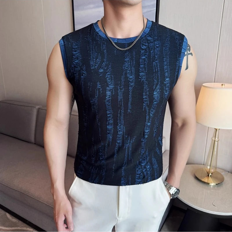 Threebooy  Men's Sleeveless Vest Summer Thin Cut Perforated Design High-quality Round Neck Vest Fashionable Slim Fit Casual Men's T-shirt