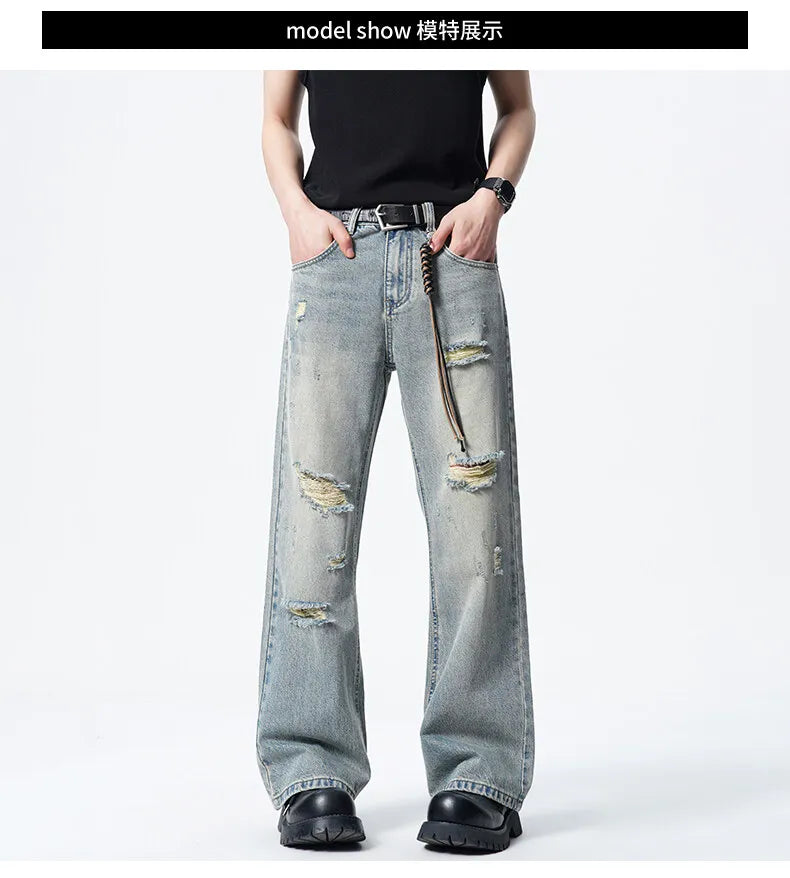 Threebooy Men Straight Leg Vintage Blue Washed Denim Jeans Casual Ripped Distressed Trousers Classic Retro Style Comfortable Streetwear