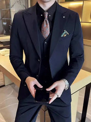 Threebooy  2 Pieces Handsome Two-Button Suit Set For Men, Korean Style Slim Fit Gun Lapel Casual Business Blazer