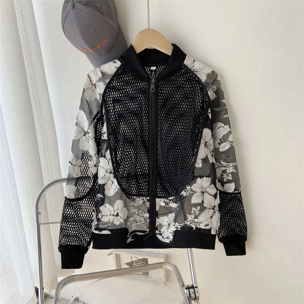 Threebooy Y2k Floral Hollow Perspective Mesh Shirt Fashionable Daily Breathable Personality Versatile Sports Couple Tops 2024 Summer