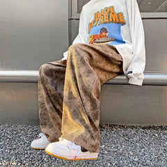 Threebooy Mens Corduroy Pants Loose Casual Wide Leg Sweatpants for Women Vintage Distressed Printed Straight  Trousers Fashion Streetwear