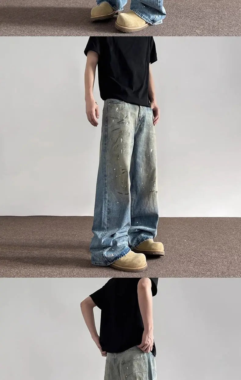 Threebooy Spring and Autumn Men and Women Trendy Personalized Straight Tube Inkjet Laundry Jeans American Couple Loose Retro Casual Pants