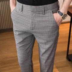 Threebooy Spring Business Casual Pants Korean Version Nine Pants Fashion Man Plaid Trousers Men High-Quality Social Slim Suit Pants