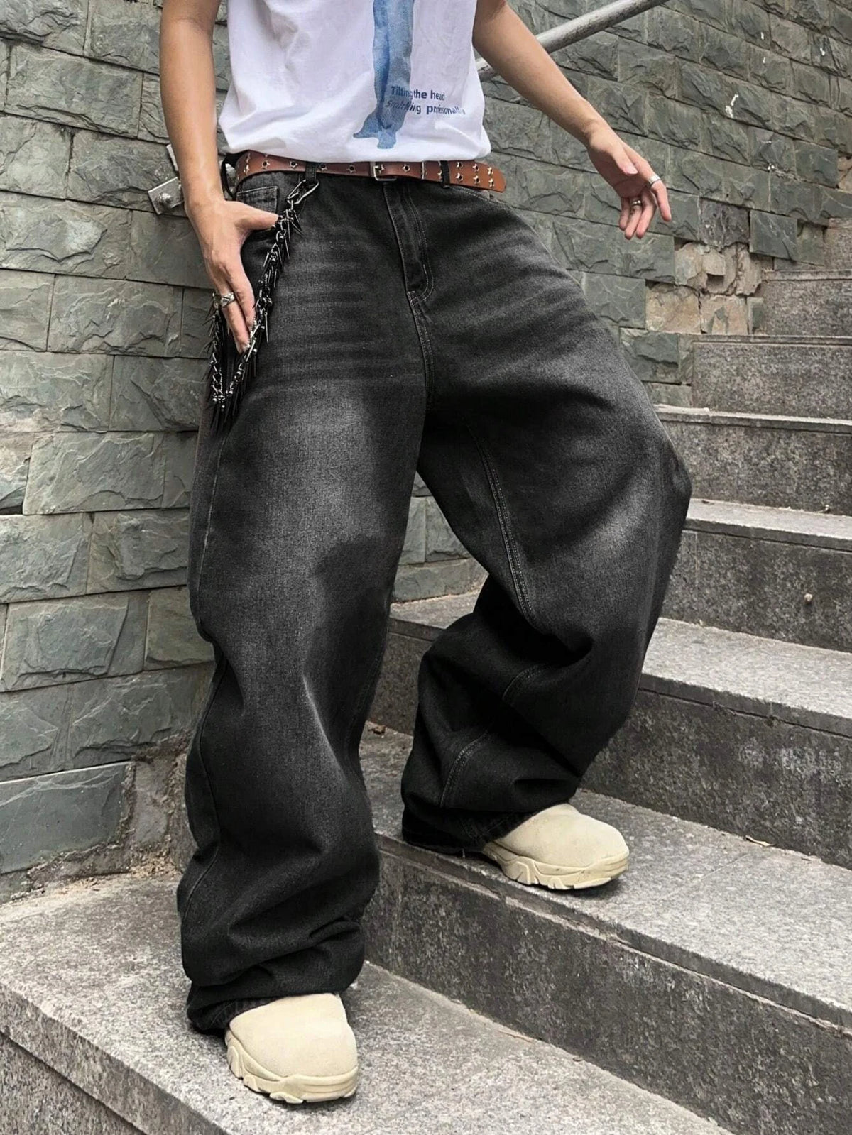 Threebooy  1Pc Men's Daily Travel Casual American Street Loose Jeans, Black, Light Blue, Sea Blue Fashion Street Style Retro Lantern Jeans Jeans Denim Pants