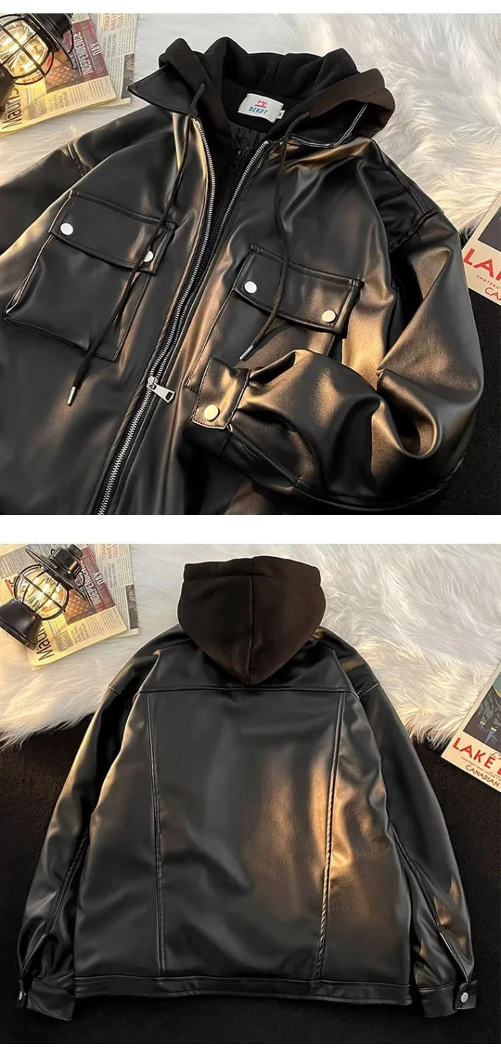 Threebooy Autumn and winter street style American men and women trendy personalized fake couple loose PU leather jacket casual top y2k