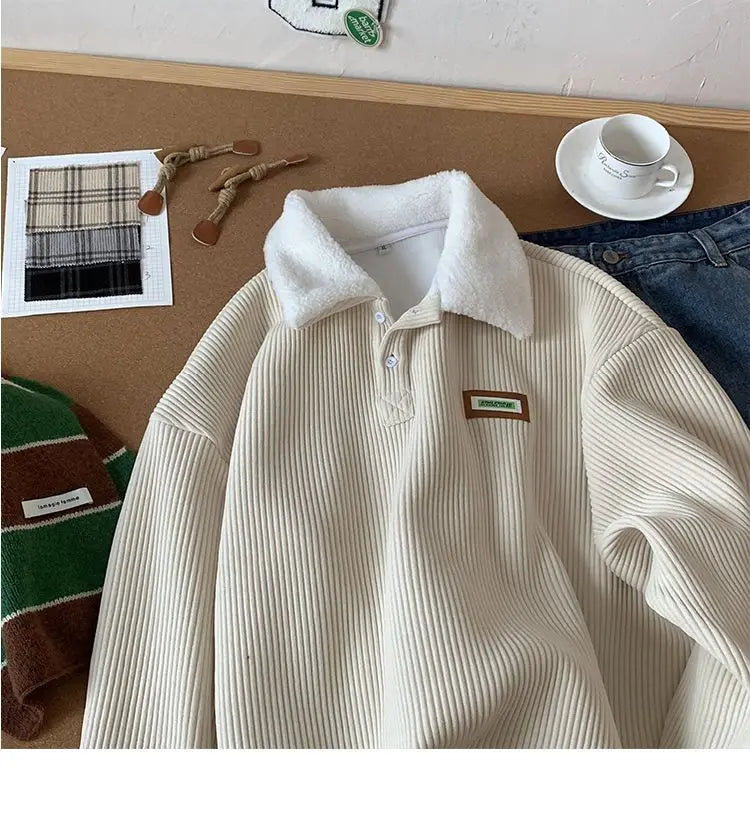 Threebooy Men's Corduroy Polo Shirt Sweater Women's Autumn Winter Fleece Thick Coat Turndown Collar Buttons Long Sleeves Warm Tops