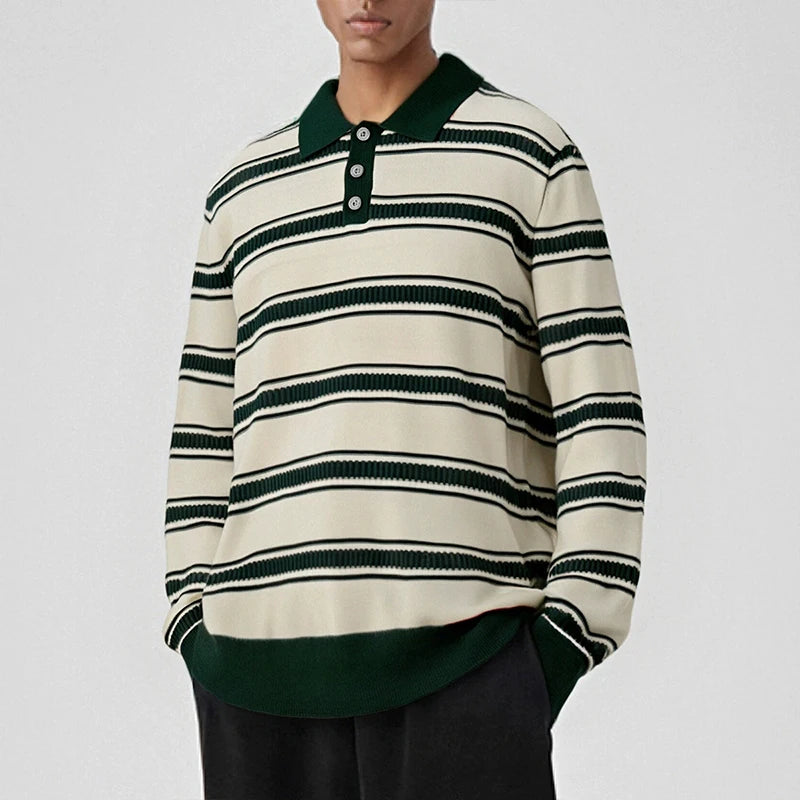 Threebooy  New American Trendy Men Polo Neck Sweater Light Luxury Striped Knit Long Sleeve Pullover Tops High Quality Loose Knitwear M-3XL
