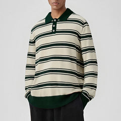 Threebooy  New American Trendy Men Polo Neck Sweater Light Luxury Striped Knit Long Sleeve Pullover Tops High Quality Loose Knitwear M-3XL