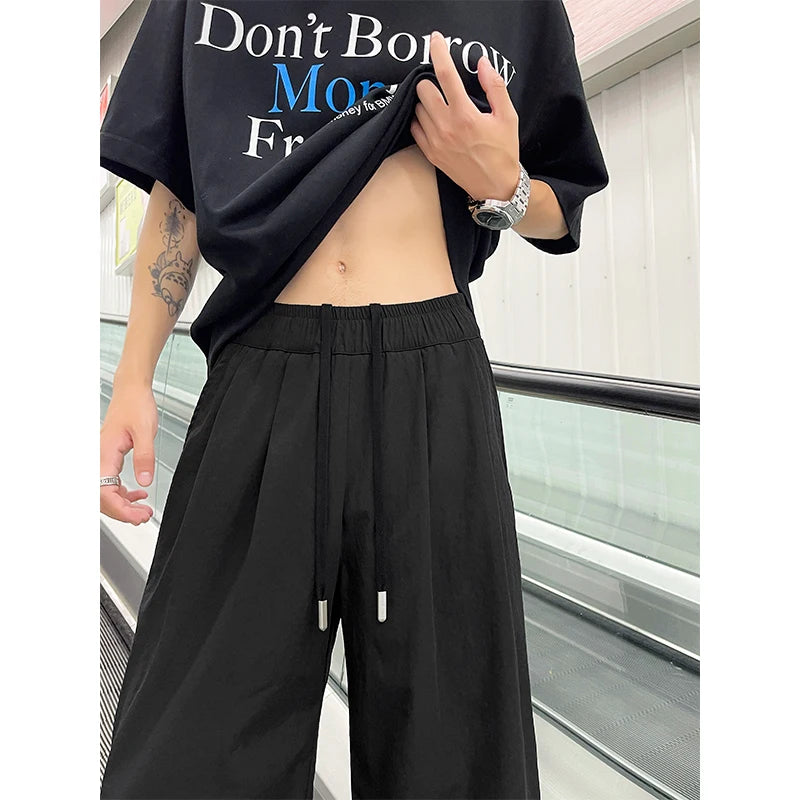 Threebooy Summer Pink Thin Pants Men Fashion Black Casual Pants Men Streetwear Hip-hop Loose Wide Leg Pants Mens Ice Silk Trousers
