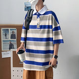 Threebooy Striped Contrast Print POLO Shirts Fashion Summer Men's Clothes Classic Lapel Cotton Top Oversize Loose Short Sleeve Polo T-Shirt