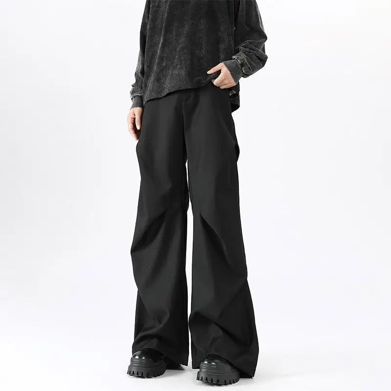 Threebooy American High Street Pleated Pants Floor Mopping Micro Trumpet Black Trousers Luxury Sense Clean Fit Casual Curved Knife Pants