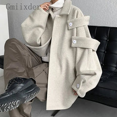 Threebooy Streetwear Woolen Coat Men's Autumn Winter Minority Lapel Jacket American Retro Loose Casual Asymmetrical Jacket