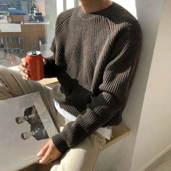 Threebooy Mens Autumn Winter Korean Style Loose Round Neck Knitted Sweater Gender-Neutral Trendy Casual Solid Color Simple Sweater Unisex