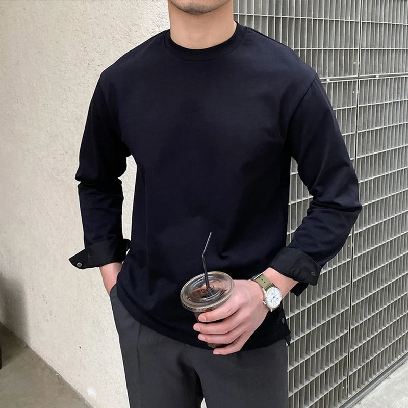 Threebooy  New Autumn Fashion Men T-shirt Light Luxury Solid Color Long Sleeve Tops Leisure Streetwear Casual O Neck Basic Shirts M-3XL