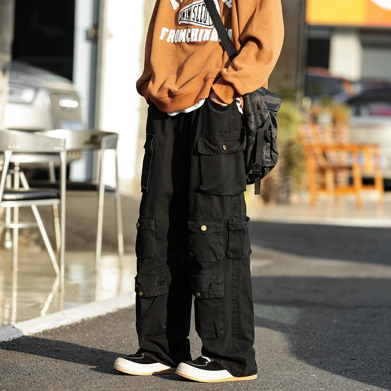 Threebooy  Japanese Multi-pocket Work Pants Men's Autumn Trendy Loose Straight Casual Pants Hip-hop Retro Design Trousers Aesthetic Chic