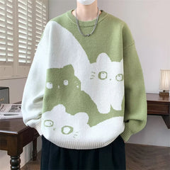 Threebooy  Winter Men's Anime Cat Jacquard Crewneck Knitted Sweaters Hip Hop Fashion Graphic Printed Y2K Jumpers Streetwear Knit Pullovers