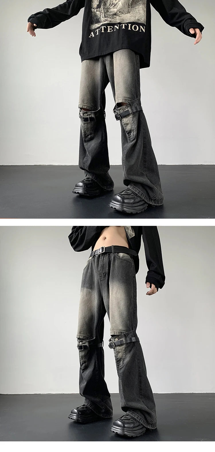 Threebooy Men's Jeans Retro Trousers Knee Holes Splicing High Street Loose Denim Trousers Flared Jeans Straps Cowboy Casual Long Pants