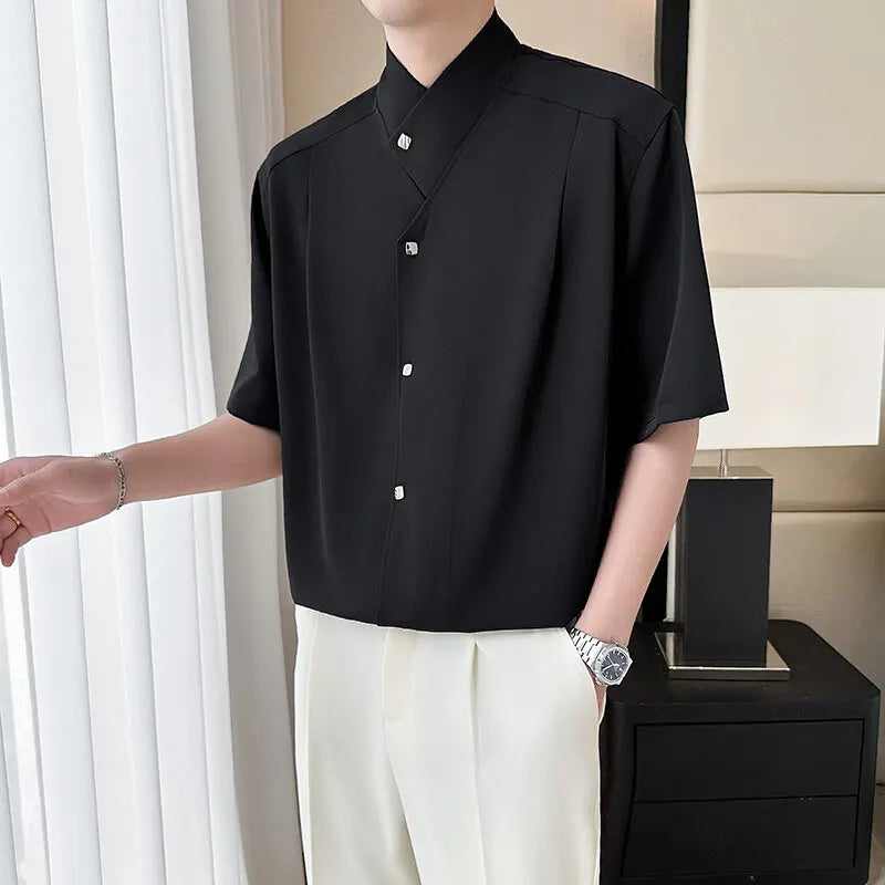 Threebooy  Irregular Collar Design Shirt for Men Summer Loose Half Sleeve Casual Shirts Ice Silk Breathable Streetwear Social Men Clothing