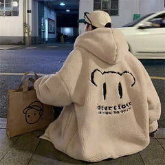 Threebooy Men's Winter Jacket Oversized Hooded Coat Winter New Korean Fashion Preppy Style Loose Bear Embroidery Thickened Coat Jackets