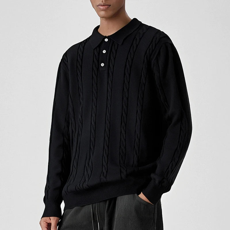 Threebooy  New Men American Retro Polo Neck Sweater Luxury Knit Long Sleeve Pullover Casual Solid Color Streetwear Jacquard Knitwear M-3XL