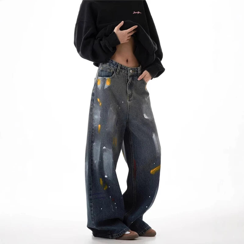 Threebooy American retro graffiti jeans men's high street loose and versatile casual straight leg wide leg pants