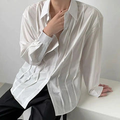 Threebooy New Men's Shirts Japanese Style Vintage Long Sleeve Blouse Casual Striped Pleats Solid Color Button-down Fashion Cardigan Tops