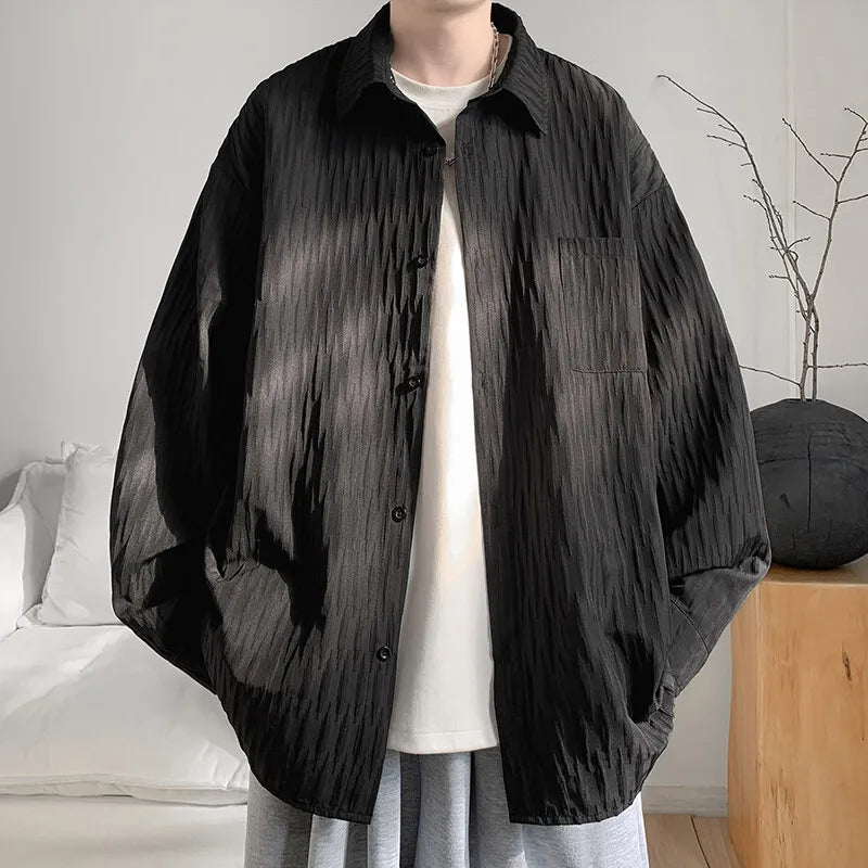 Threebooy New fabric Long-sleeved Shirts Men Korean Comfortable Blouses Casual Loose Single Breasted Textured Mens shirt Harajuku