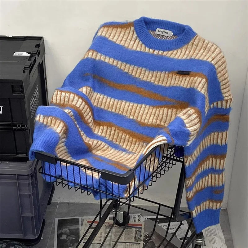 Threebooy  American Streetwear Irregular Striped Sweaters For Men Letter Appliques Crewneck Knitted Pullovers Hip Hop Y2K Knitwear