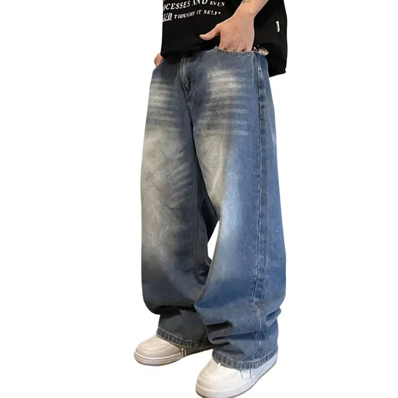 Threebooy  Summer Men's Denim Pants Old Blue Washed Male Baggy Jeans Four Seasons Straight Casual Menwear Loose Wide Leg Trousers Fashion