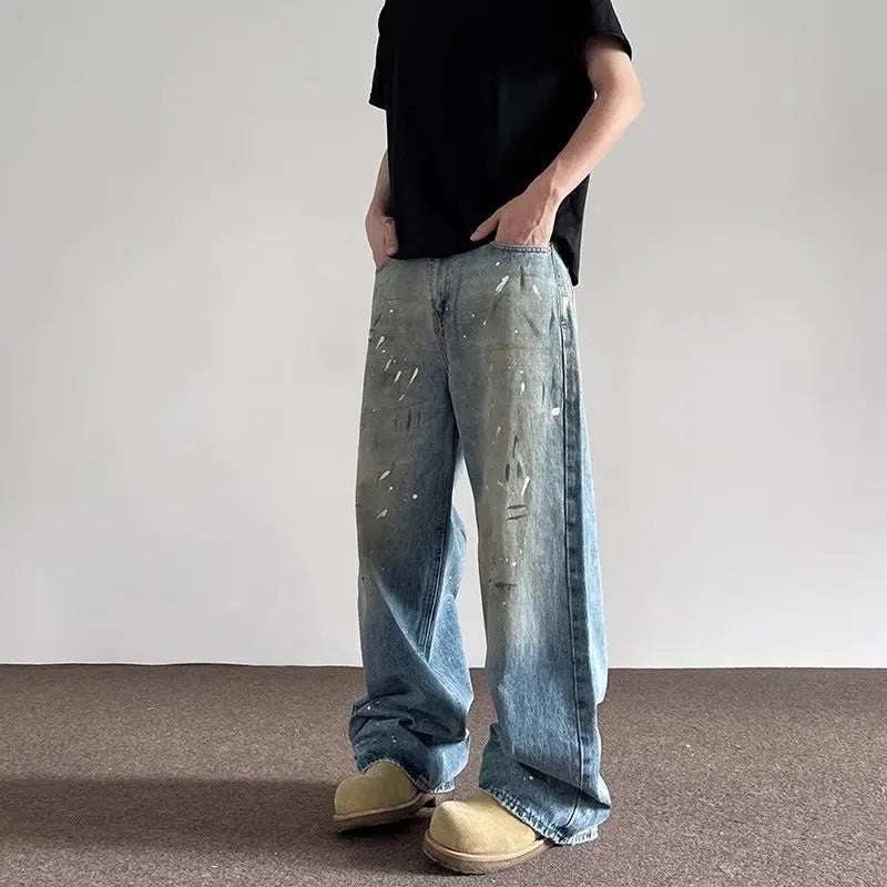Threebooy Spring and Autumn Men and Women Trendy Personalized Straight Tube Inkjet Laundry Jeans American Couple Loose Retro Casual Pants