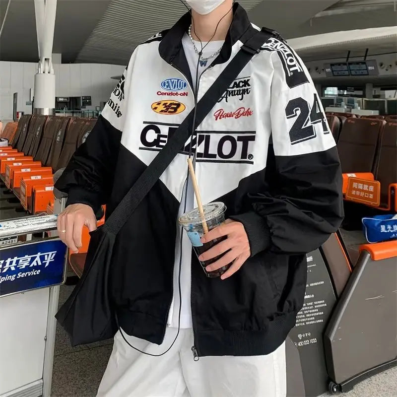 Threebooy  Retro Racing Jacket Men's High-end Motorcycle Jacket Spring Autumn Ins Fashion Brand Fashion Trend Embroidered Baseball Uniform
