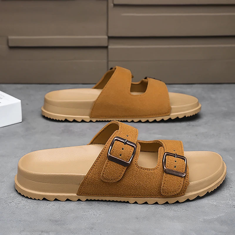 Mens Soft Slippers Slides with Adjustable Double Buckle Slide Sandals Lightweight Summer Comfortable Casual