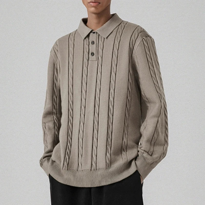 Threebooy  New Men American Retro Polo Neck Sweater Luxury Knit Long Sleeve Pullover Casual Solid Color Streetwear Jacquard Knitwear M-3XL
