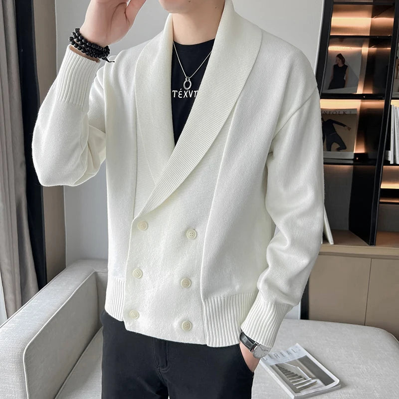 Threebooy  Double-Breasted Cardigan Sweater Men Spring Clothes Knitted Sweater Coat Pure Color Men Casual New Slim Fit Brand Clothes