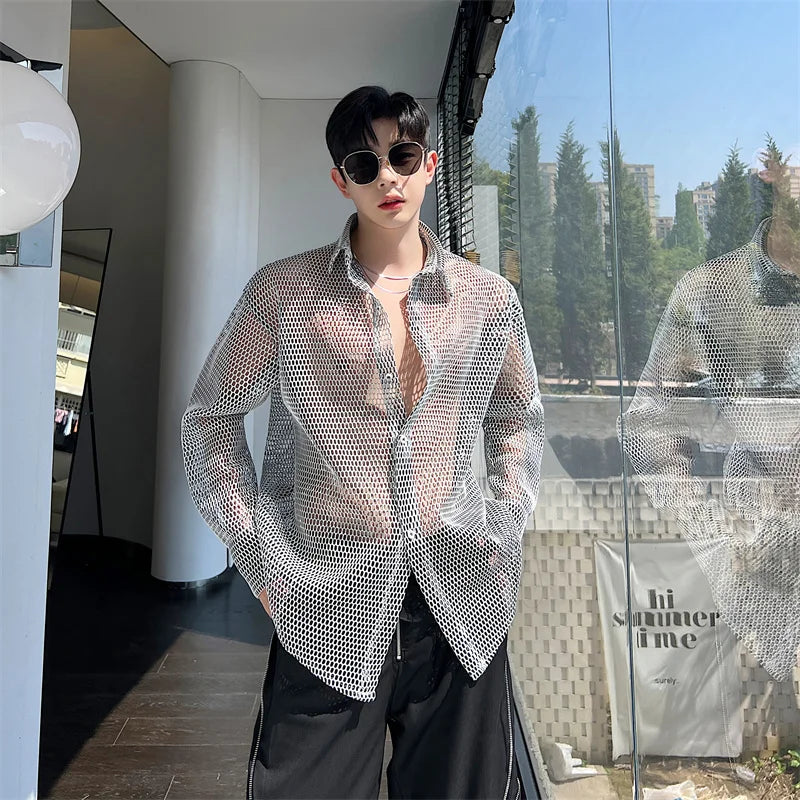 Threebooy Transparent Mesh Shirt Hollow Out Jacket Personality Breathable Youth Fashion Long Sleeve Tops Men Lapel Party Clubwear