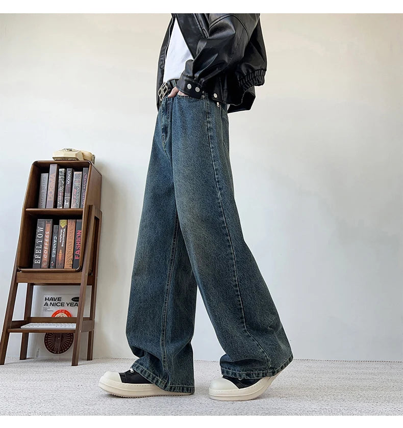 Threebooy Men's Wide Leg Curved-Knife Jeans Summer American Bamboo Pattern Striped Texture Design Men Trendy Denim Pants 2025 Baggy Jeans