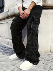 Threebooy  Men's Loose Fit Washed Denim Cargo Pants with Large Pockets, Street Style Casual Jeans Suitable for Casual Wear