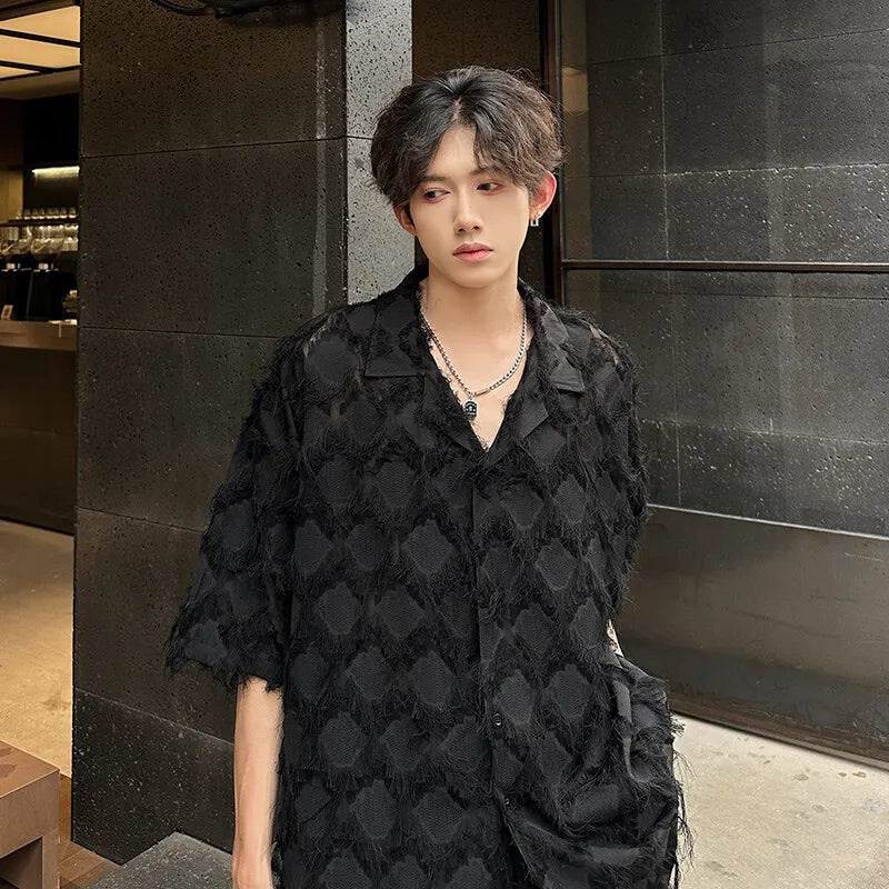 Threebooy Men Loose Short Sleeve Shirt Small Suit Collar Diamond Frayed Edges Unique Design Casual Trendy Mens Fashion Boho Chic Style